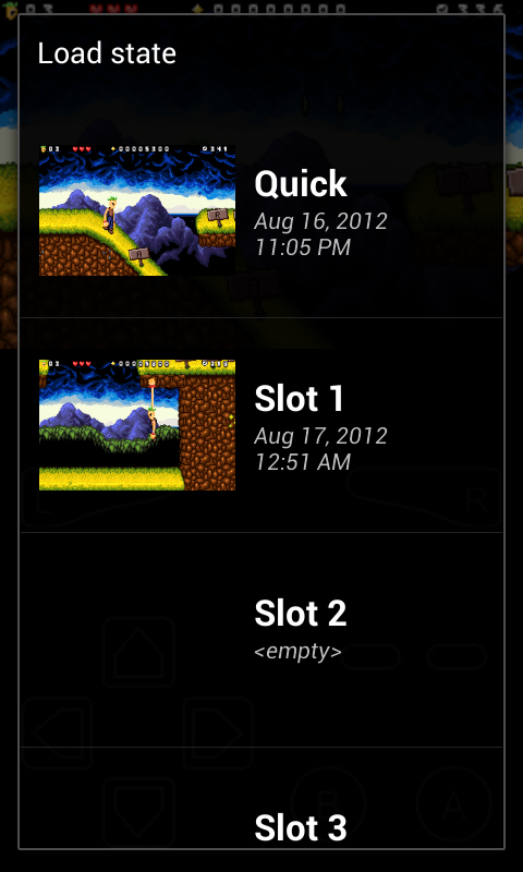 My Boy Load state menu with previews and numbered slots